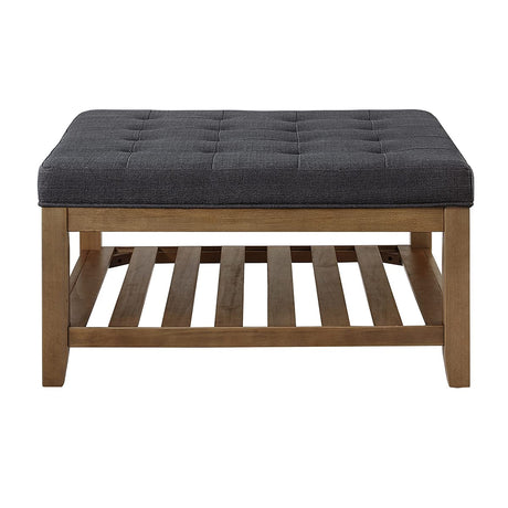 24KF Large Square Upholstered Tufted Linen Ottoman Coffee Table, Large Footrest Ottoman with Solid Wood Shelf- Charcoal 24KF