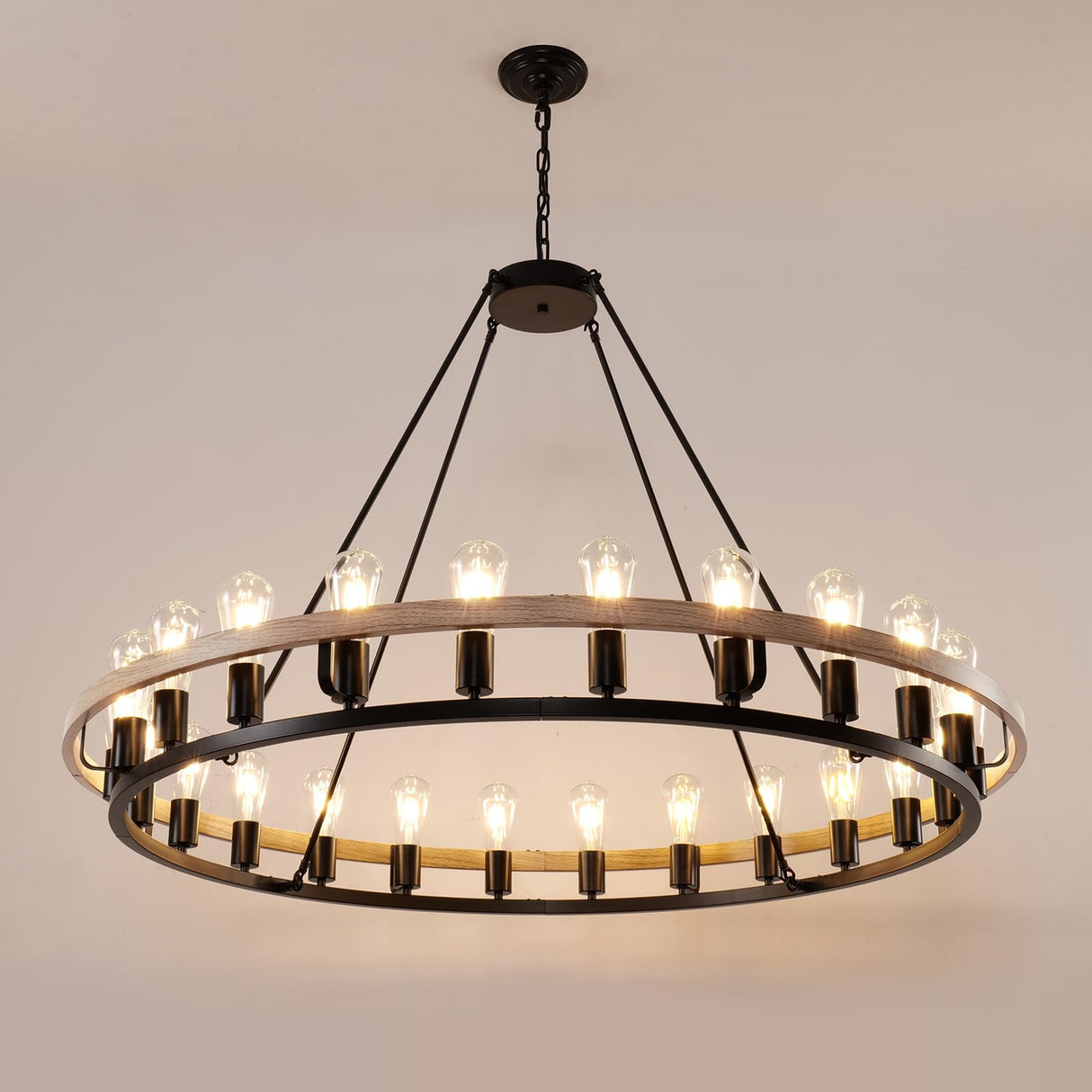 WOGON WEEL Wagon Wheel Chandelier 48-Inch 24-Light, Black and Oak Wood Tone Finish Round Rustic Farmhouse Chandelier Extra Large for High Ceilings, Living Room Foyer WOGON WEEL