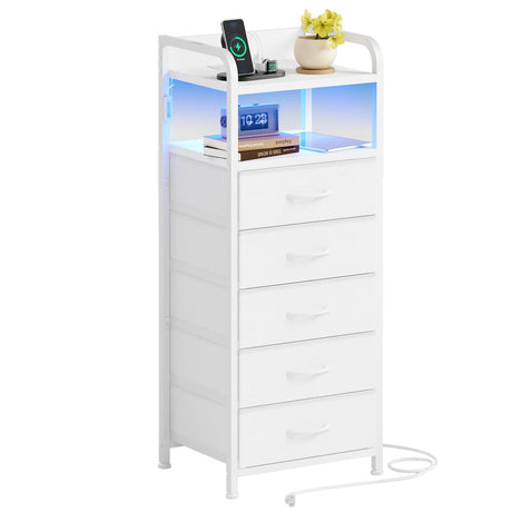 Fixwal Tall Dresser with 5 Drawers for Bedroom, 40 Inch LED Tall Nightstand with Charging Station, Night Stand White Dresser with PU Finish, Bedside Table for Dorm Fixwal