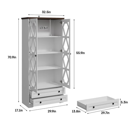 Halitaa Kitchen Storage Cabinets with 2 Acrylic Barn Doors & 2 Drawers, Farmhouse Pantry Cabinets for Kitchen Storage with Adjustable Shelves, Wood Storage Cabinets for Dining Room, Bathroom, White