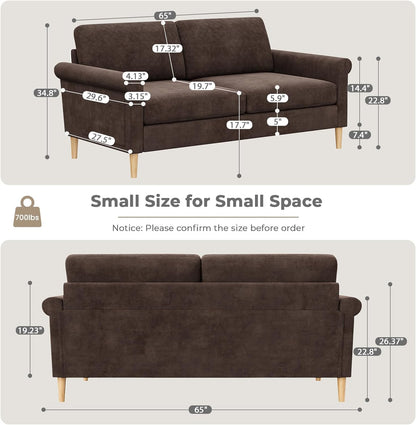 Vesgantti 65" Brown Loveseat, Comfy Small Couch, Mid Century Modern Decor Loveseat Sofa, Couches for Living Room, Small Couch for Bedroom, 2-Seat Sofa Living Room Furniture,No Tool Fast Assembly