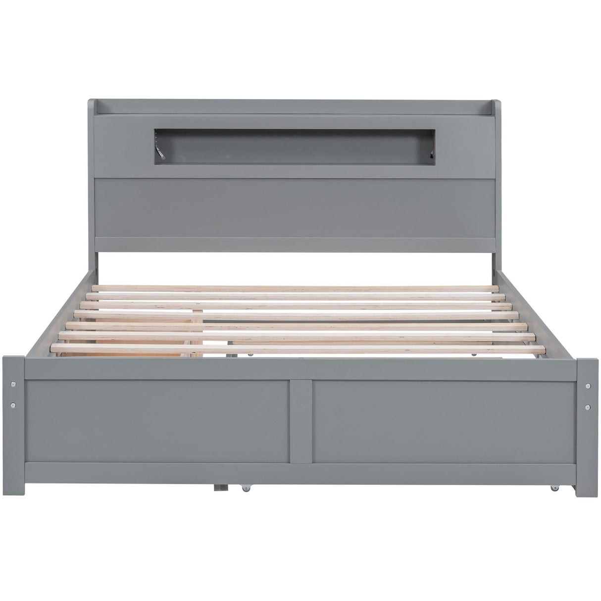 Merax Queen Size Wood Captain Platform Bed Frame with Storage LED Headboard,2 Drawers and 1 Twin Size Trundle,Grey Merax