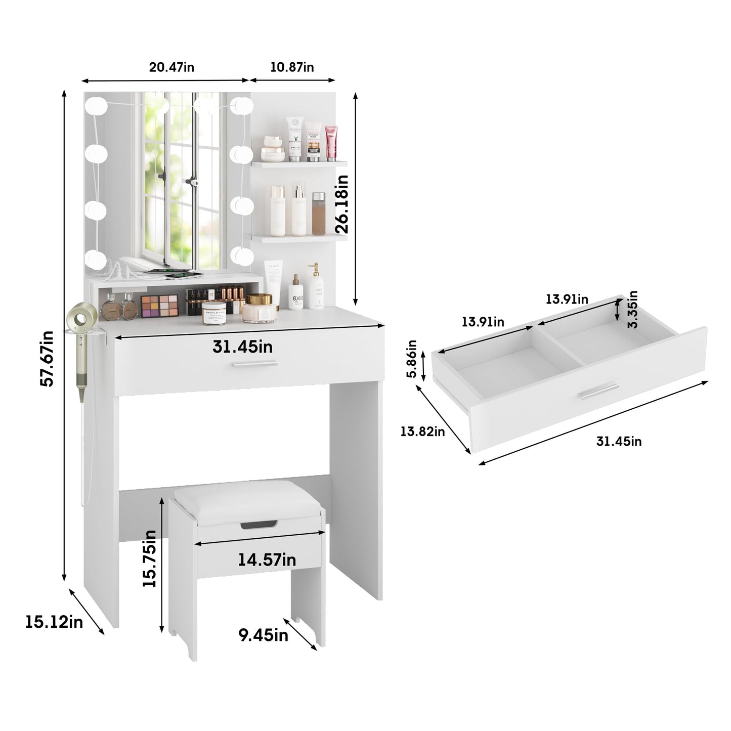 Vabches Makeup Vanity Table with Lighted Mirror & Power Strip, White Vanity Set, Lots Storage, 3 Lighting Modes, Brightness Adjustable, 31.5 * 15.75 * 57.7in, White