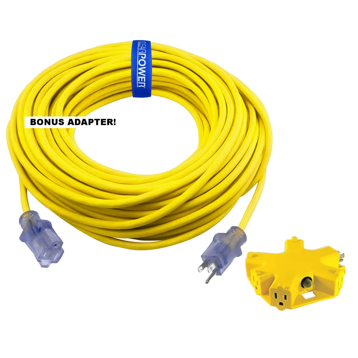 Clear Power 100 ft 12/3 SJTOW Extra Heavy Duty Contractor Grade Extension Cord with 5 Outlet Adapter Combo, Oil Water & Weather Resistant, Flame Retardant, Yellow, 3 Prong Grounded Plug, CPCO - WoodArtSupply