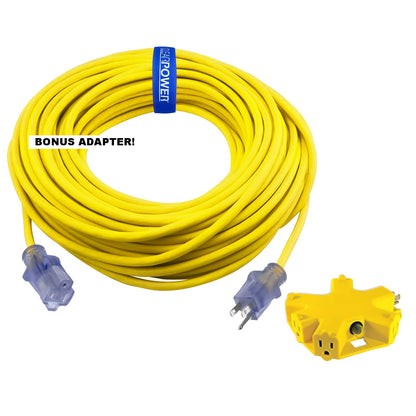 Clear Power 100 ft 12/3 SJTOW Extra Heavy Duty Contractor Grade Extension Cord with 5 Outlet Adapter Combo, Oil Water & Weather Resistant, Flame Retardant, Yellow, 3 Prong Grounded Plug, CPCO - WoodArtSupply