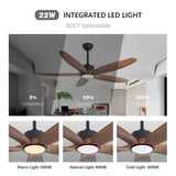 Wozzio 5 Wood Blades Ceiling Fan with Light and Remote,Quiet Reversible DC Motor,6 Wind Speed,LED Dimmable and Memory,for Bedroom/Patios/Living Room,52 inch,Dark Walnut Wood Blades Wozzio
