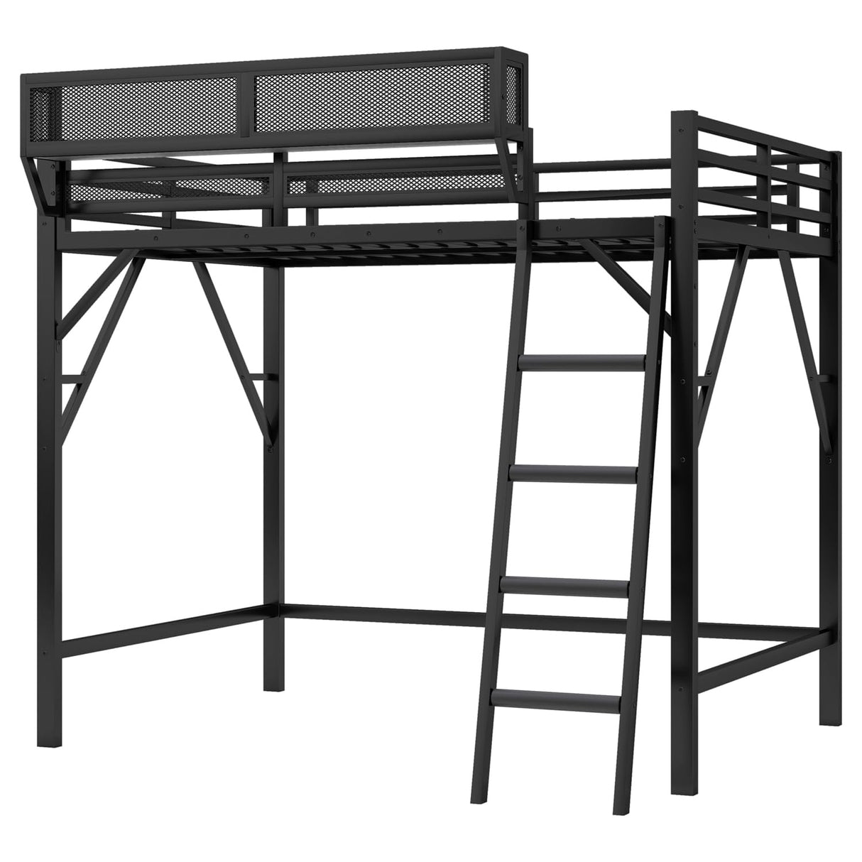 YHUBHSIS Queen Size Loft Bed with Ladder and Large Under-Bed Space, Black Metal Loft Bed with Storage Shelves, Heavy Duty Metal High Bedframe w/Safety Guardrails for Kids Teens (Black, Queen) YHUBHSIS