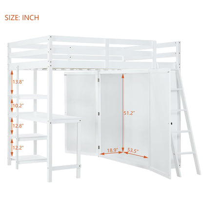 LostCat Full Size Loft Bed with Integrated Wardrobe and Desk in White - WoodArtSupply