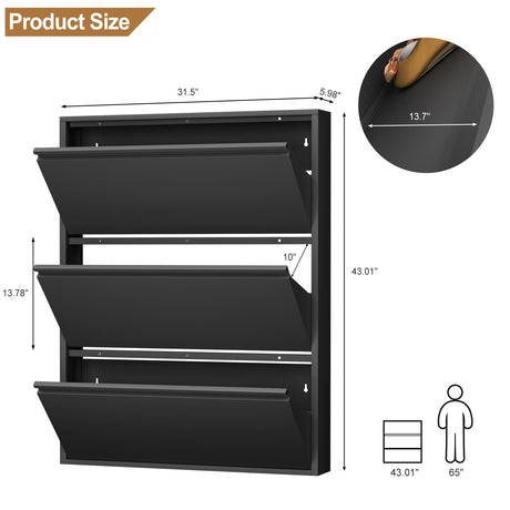 LUCYPAL Shoe Cabinet Storage for Entryway,Black Metal Shoe Cabinet with 3 Flip Drawers,Narrow Wall Shoe Storage Cabinet for Entryway,Hallway,Living Room,Require Assembly LUCYPAL