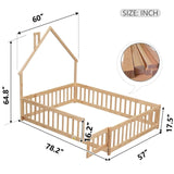 TURRIDU Full Size Montessori House-Shaped Floor Bed with Fence and Door in Natural Wood TURRIDU