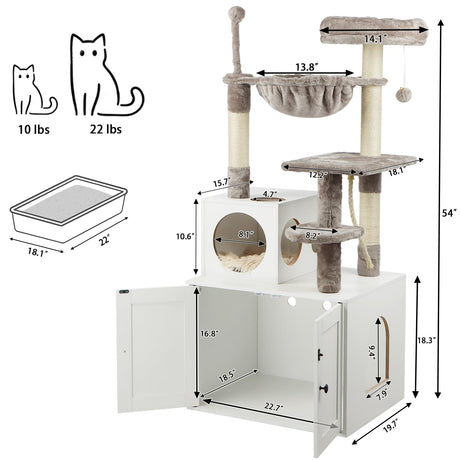 Timberer Cat Tree with Litter Box Enclosure, 2-in-1 Cat Tower for Indoor Cats, Large Cat Furniture, Wood Cat Condo with Basket, Scratching Posts, Pompoms, White Timberer