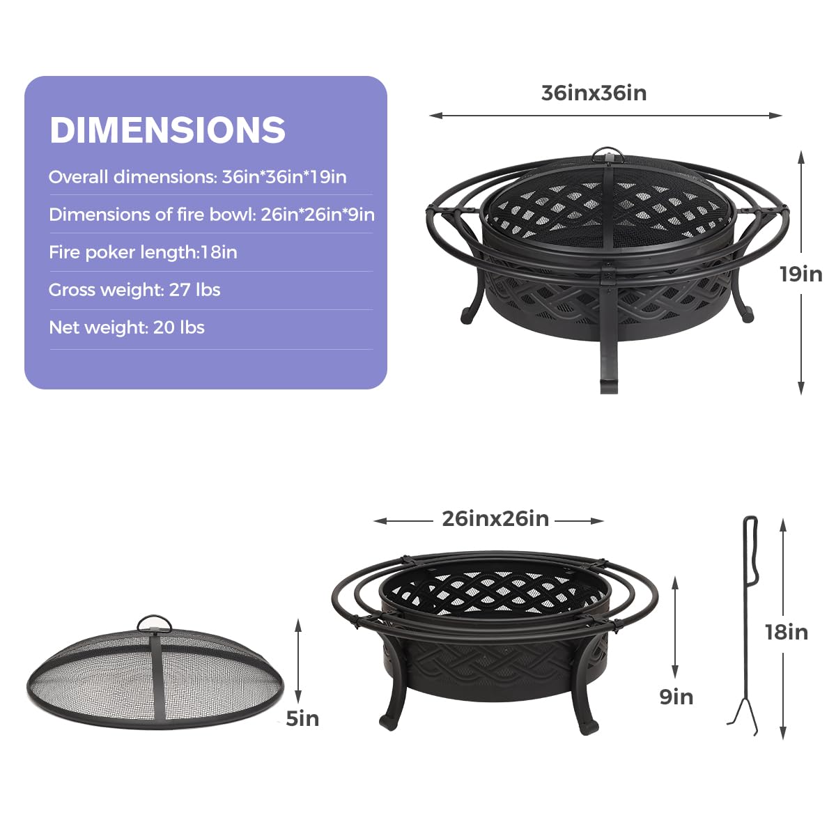 Panovue 36 Inch Fire Pit with 2 Loops,Crossweave Wood Burning Fire Pits for Outside,with Spark Screen,Fire Poker,Round Outdoor Firepit for Patio,Yard,Garden,Camping,Bonfire,Black Panovue