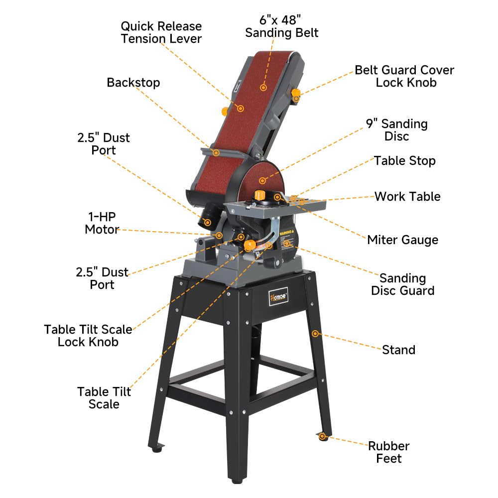 Hoteche 7.9-Amp 6-Inch x 48-Inch Belt and 9-Inch Disc Sander, 1-HP Power Combination Sander with Open Stand, Heavy-Duty Benchtop Sander for Woodworking and Metal, Dust Collection System - WoodArtSupply