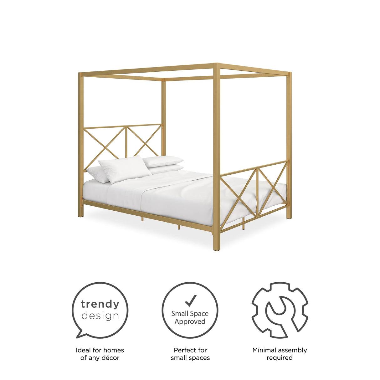DHP Rosedale Metal Canopy Bed Frame with Four Poster Design and Geometric Accented Headboard and Footboard, Underbed Storage Space, Queen, Gold DHP