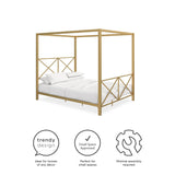 DHP Rosedale Metal Canopy Bed Frame with Four Poster Design and Geometric Accented Headboard and Footboard, Underbed Storage Space, Queen, Gold DHP