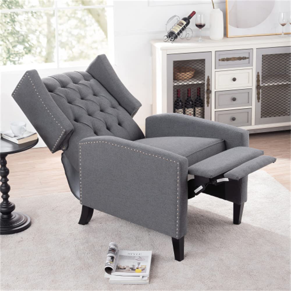 Arm Pushing Recliner Chair, Modern Button Tufted Wingback Manual Push Back Recliner Chair with Nailhead Trim & Wood Legs, Upholstered Living Room Chair Single Reclining Sofa Home Theater Seating Grey LLS