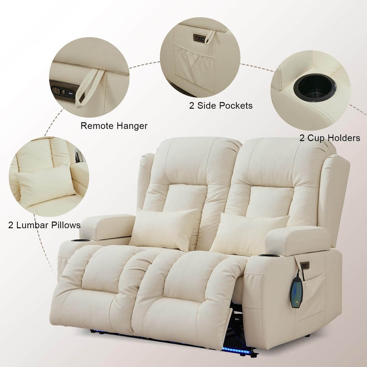TUNYI Power Loveseat Recliner Sofa - Home Theater Seating with Massage & Heat Faux Leather RV Recliner Loveseat Sofa with USB/Cup Holder/Side Pocket/LED Light/Pillow (Cream White) TUNYI