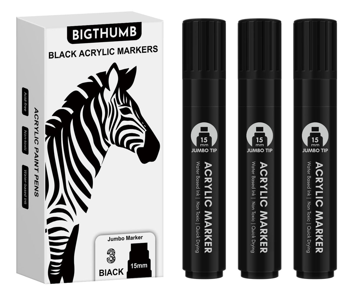 BIGTHUMB 3 Pcs Black Jumbo Permanent Markers: 15mm Wide Tip Thick Acrylic Paint Pen Large Calligraphy Marker for Rock Painting, Poster, Sign, Canvas, Glass, Wood, Ceramic BIGTHUMB