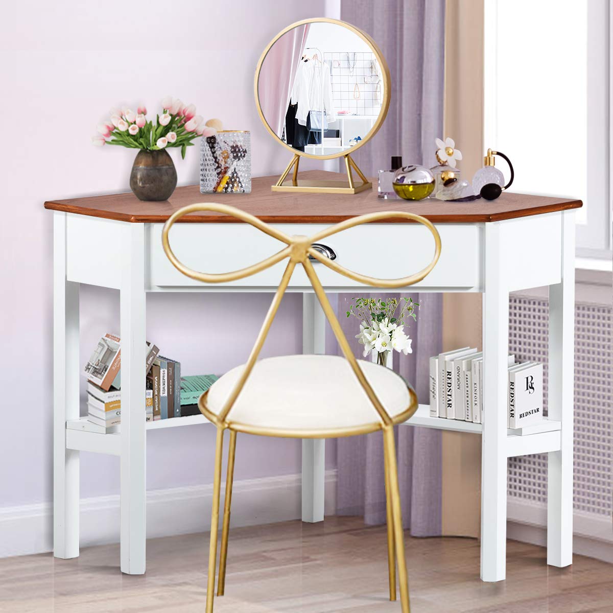 Tangkula Corner Desk, Corner Computer Desk with Drawer for Small Space, Small Corner Makeup Vanity Desk, 90 Degrees Triangle Corner Desk with Storage Shelves (Natural & White) Tangkula