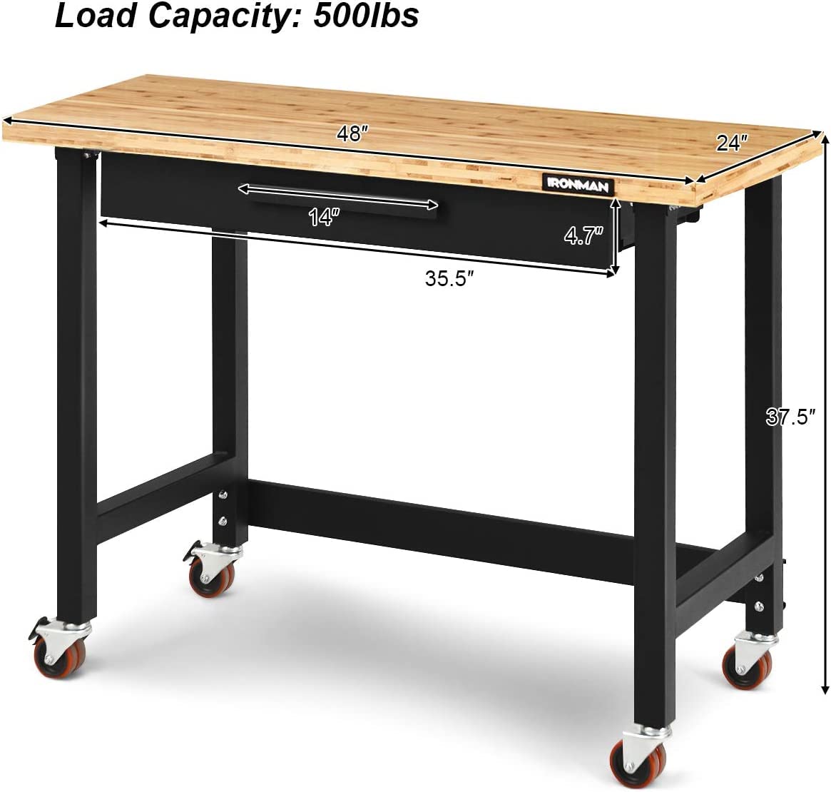 BOSEO Workbench, 48" Wild Mobile Workbench, Solid Wood Top Workbench for Garage, 500 LBS Workbench with Two Lockable Casters, Sliding Organizer Drawer BOSEO