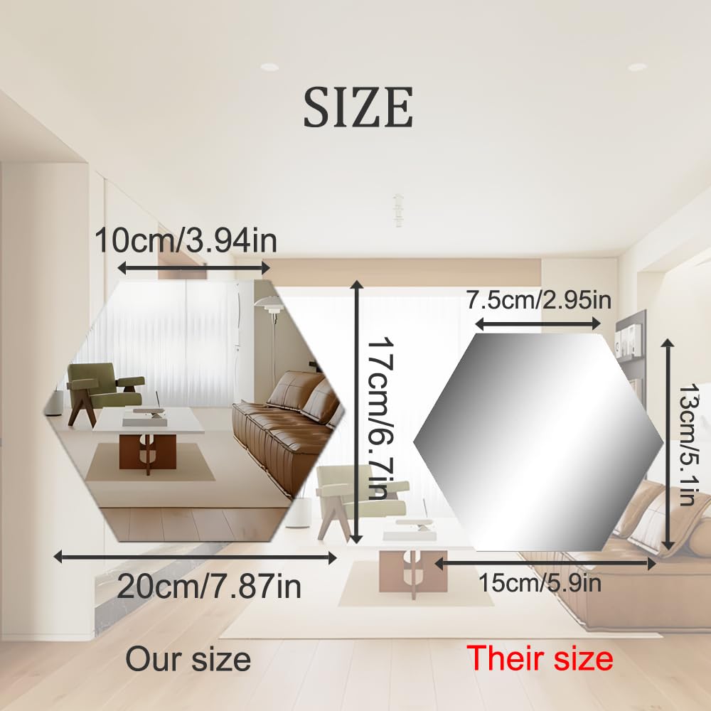 Mirror Wall Stickers, 12PCS Hexagon Mirror Art DIY Home Decorative Hexagonal Acrylic Wall Sheet Plastic Tiles Home Living Room Bedroom Sofa TV Background Wall Decal Decoration (Silver) MCLEULLA