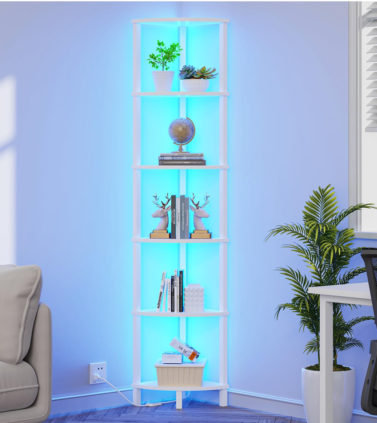 VIMBER Corner Shelf with LED Light, 6-Tier Corner Bookshelf, Industrial Corner Ladder Shelf, Modern Display Shelf for Living Room, Bedroom, Kitchen, Home Office, Sturdy Frame, White UJSJ002W