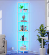 VIMBER Corner Shelf with LED Light, 6-Tier Corner Bookshelf, Industrial Corner Ladder Shelf, Modern Display Shelf for Living Room, Bedroom, Kitchen, Home Office, Sturdy Frame, White UJSJ002W VIMBER