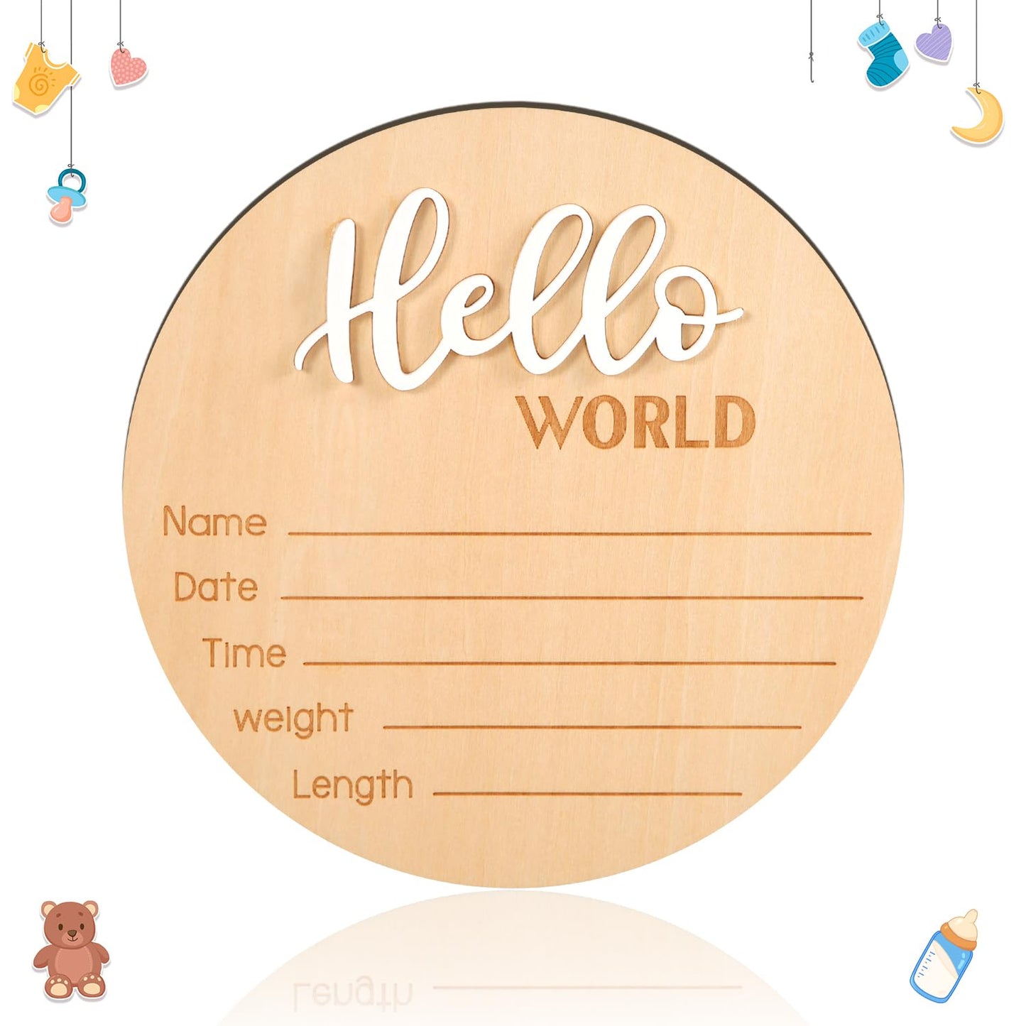 Baby Announcement Sign, 5.9 Inch Wooden Hello World Newborn Sign Birth Announcement Signs Baby Name Announcement Plaques for Photo Props Baby Shower