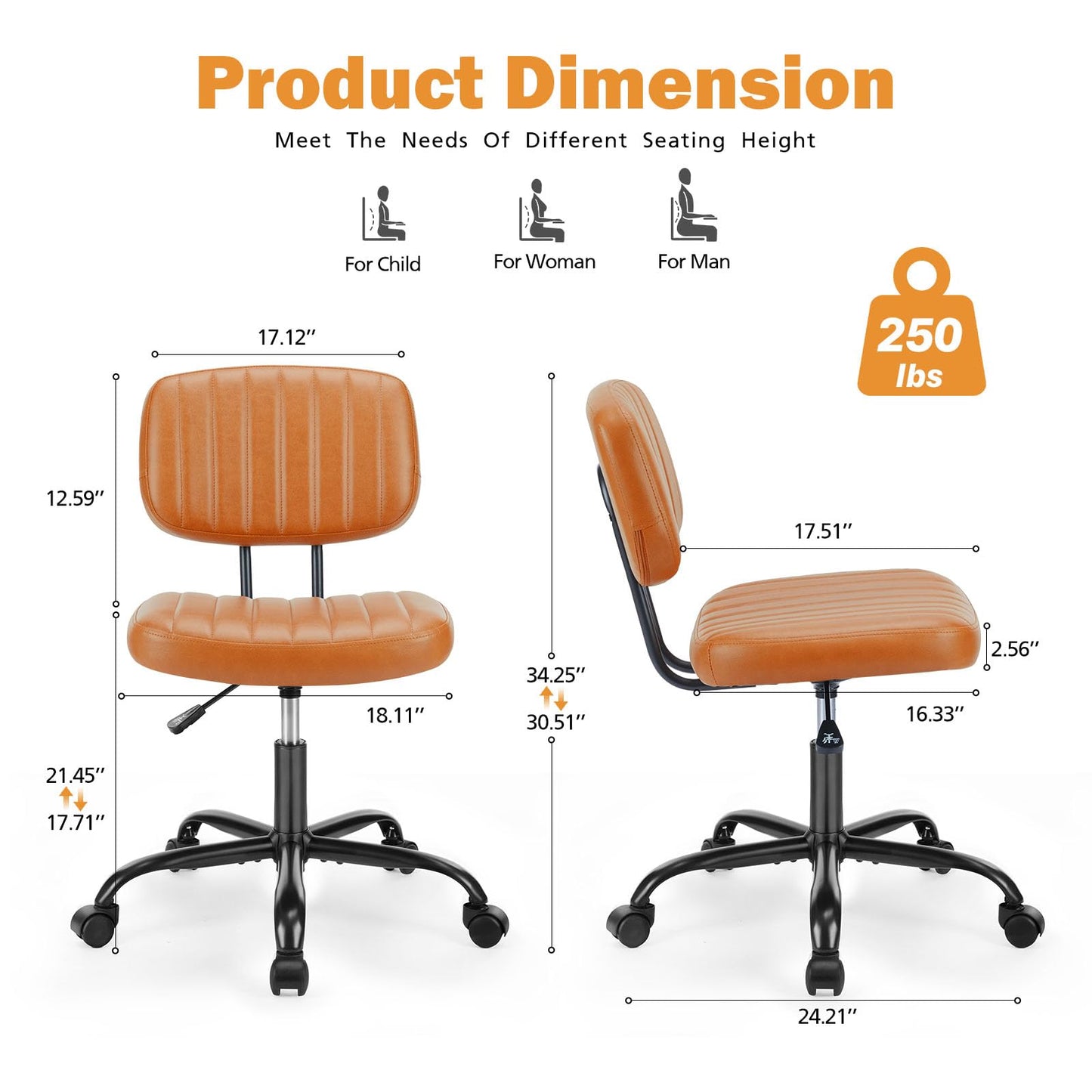 Sweetcrispy Small Office Desk Chair with Wheels Armless Comfy Computer Chair with Lumbar Support, PU Leather Low Back Adjustable Height 360° Rolling Swivel Task Chair Without Arm for Home, Be - WoodArtSupply