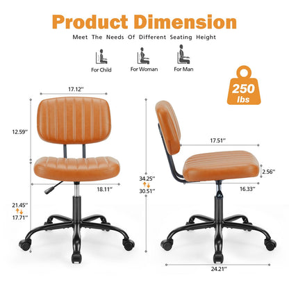 Sweetcrispy Small Office Desk Chair with Wheels Armless Comfy Computer Chair with Lumbar Support, PU Leather Low Back Adjustable Height 360° Rolling Swivel Task Chair Without Arm for Home, Be - WoodArtSupply