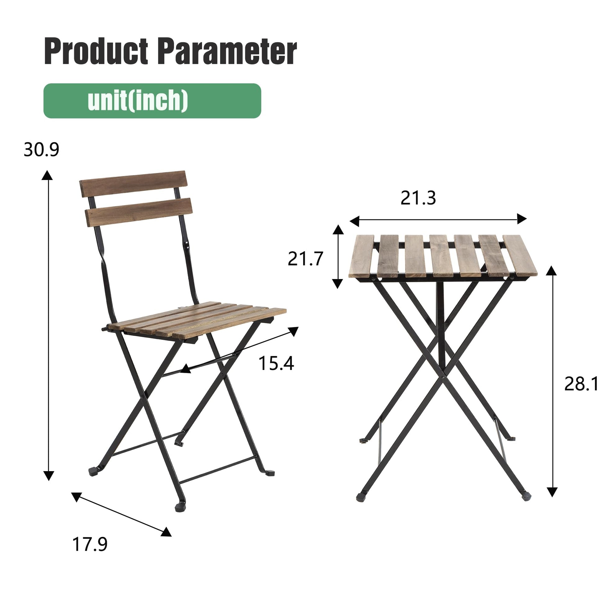 3 Pieces Bistro Set Outdoor Furniture Sets 2 Folding Chairs and Table Steel Frames and Weather-Resistant Wood Portable Design for Bistro & Balcony (Chestnut Brown) - WoodArtSupply