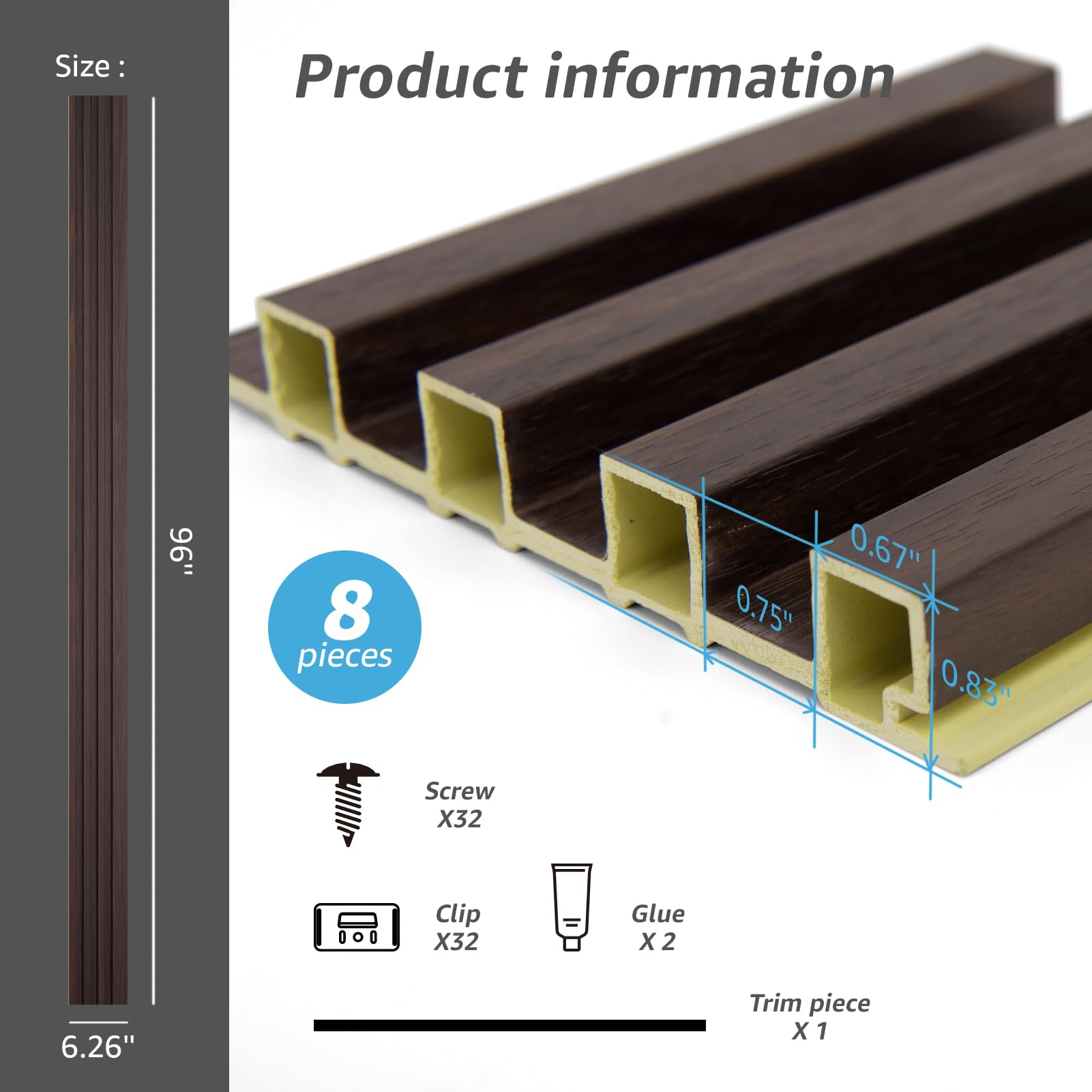 Art3d Slat Wall Panel for Modern Decor, WPC Acoustic Diffuser Panel, 8-Pack 96 x 6in. Black Walnut - WoodArtSupply