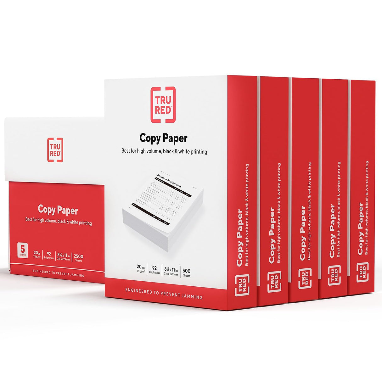 TRU RED Copy Paper, 8.5" x 11" Sheet Size, 92 Brightness, 20 lbs., Smooth Finish White Paper (500 Sheets/Ream, 5 Reams/Carton) TRU RED
