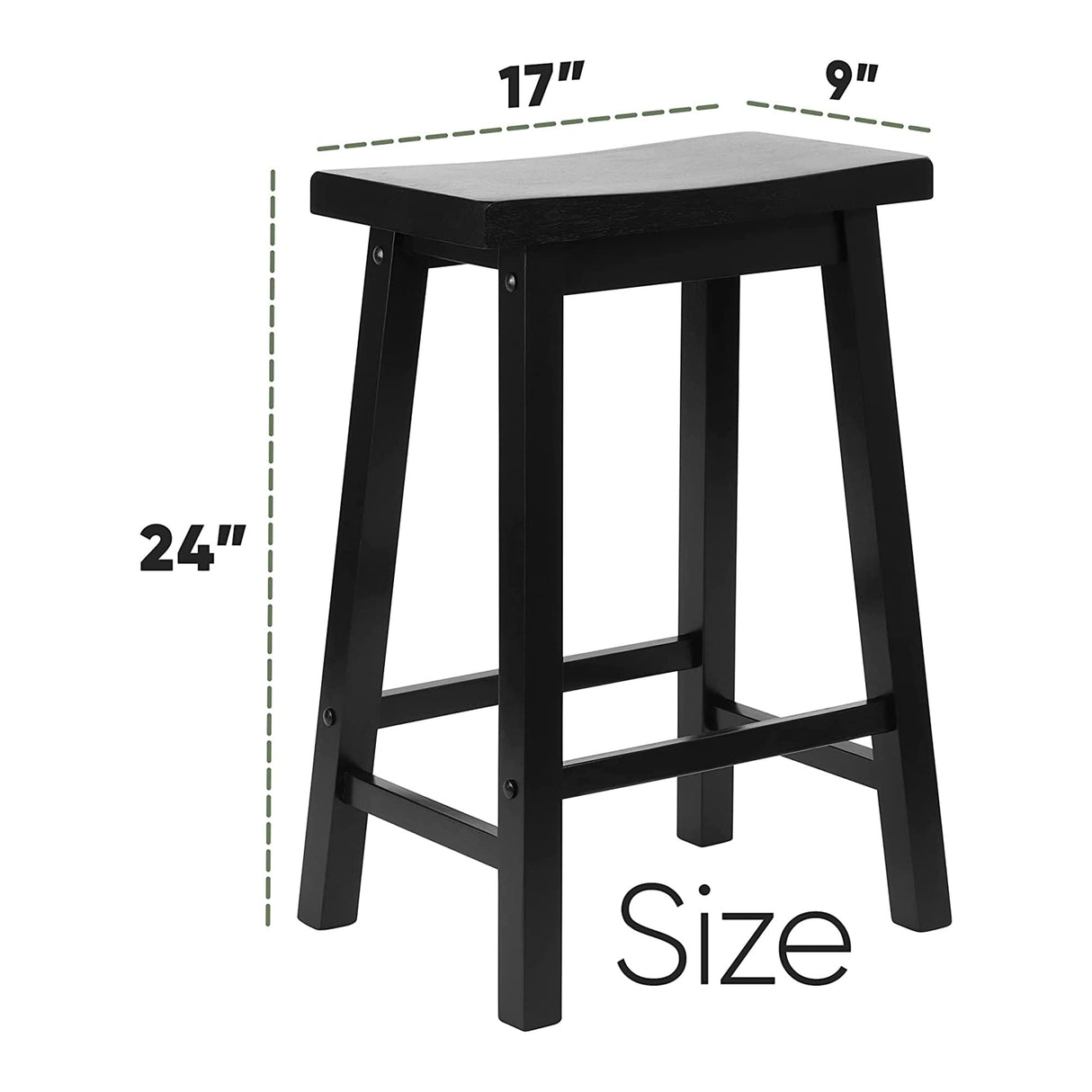 PJ Wood 24 Inch Single A Frame Classic and Modern Comfortable Wooden Bar Stool Saddle Seat with Built in Bars as Footrests, Black PJ Wood
