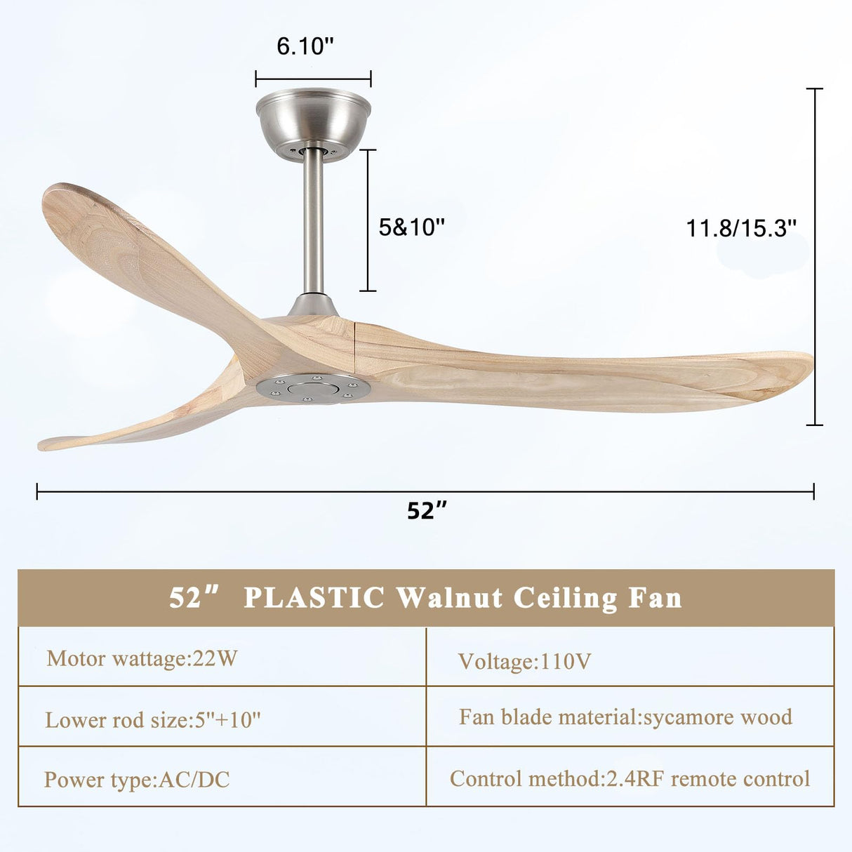 DefinElegant 52" Modern Ceiling Fan, No Light, 6-Speed, Reversible, Timed Shutdown, DC Motor, Natural Wood 3 Blade, Porch, Bedroom, Living Room DefinElegant