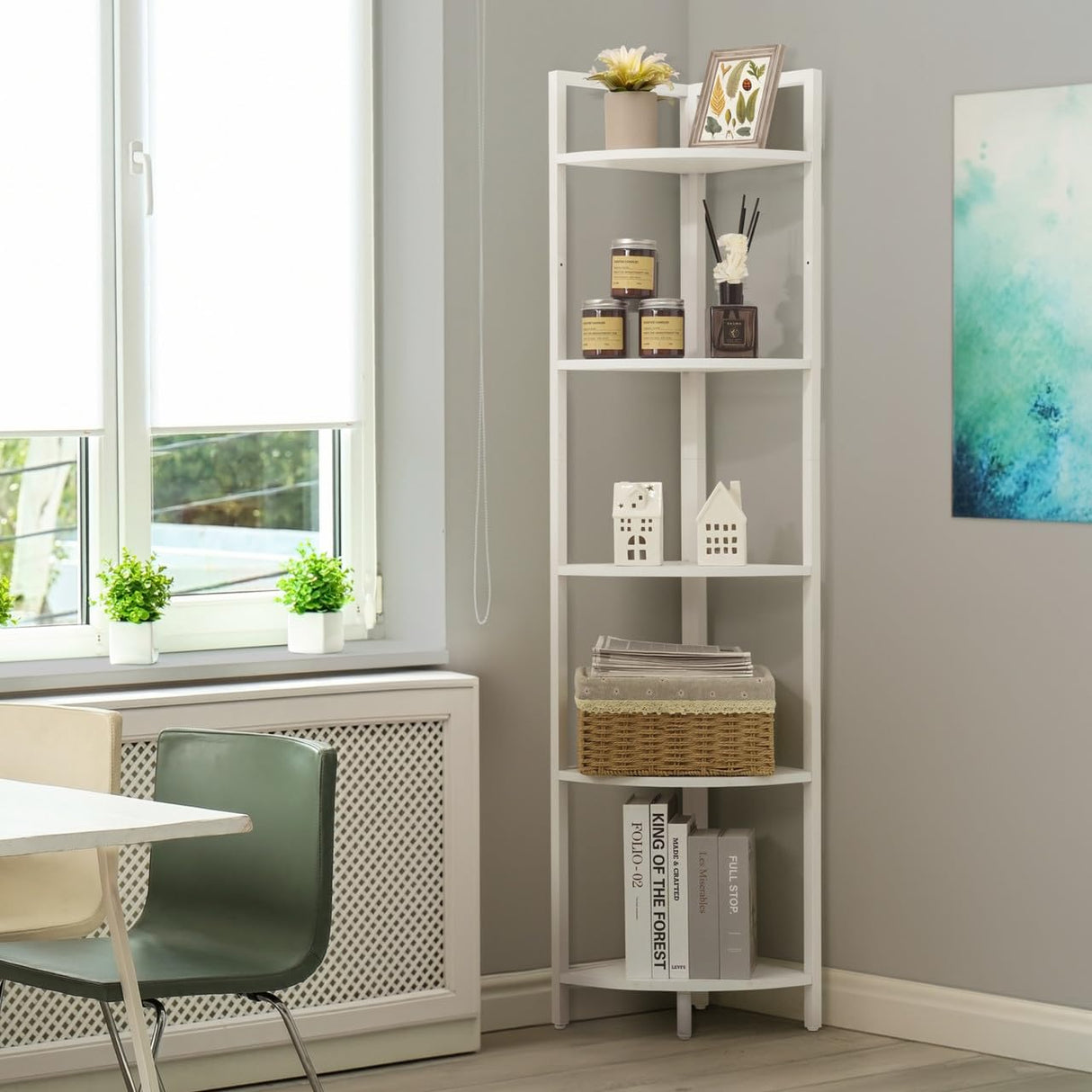 CAPHAUS 5-Tier Corner Shelf, Tall 59.1-Inch White Metal Frame Display Rack, Bookshelf Unit for Bathroom, Living Room, Home, Office CAPHAUS