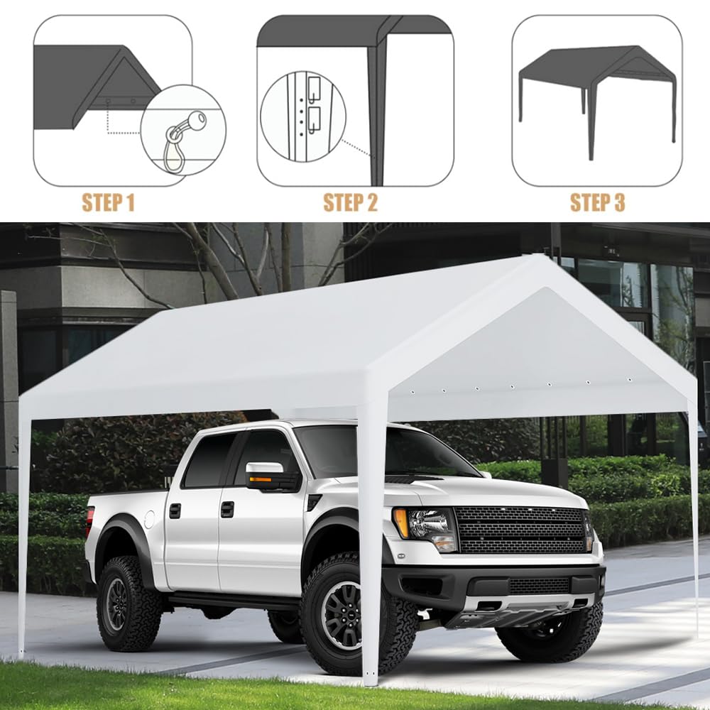 Carport Replacement Canopy, Replacement Top Cover for 10' x 20' Carport Frame, 180G PE Fabric Waterproof & UV Protected Tarp with Ball Bungees, White (Only Top Cover, Frame is not Included) Vanteriam