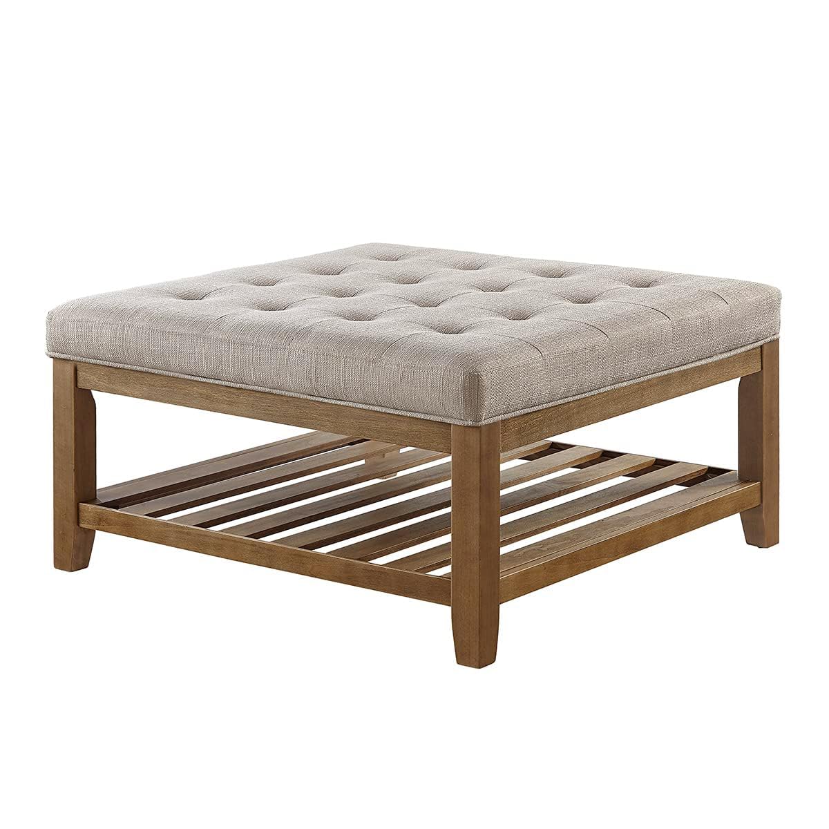 24KF Large Square Upholstered Tufted Linen Ottoman Coffee Table, Large Footrest Ottoman with Solid Wood Shelf-Linen 24KF