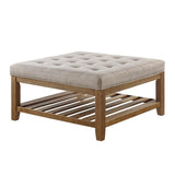 24KF Large Square Upholstered Tufted Linen Ottoman Coffee Table, Large Footrest Ottoman with Solid Wood Shelf-Linen 24KF
