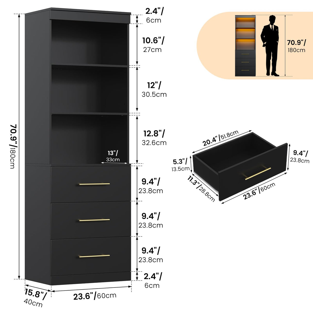 Winkalon 71“H Black Bookshelf with LED Light, Bookcase and Bookshelf with Drawers, Tall Bookcase Tall Storage Cabinet 3-Tier Open Shelves for Home Office Living Room Bedroom Winkalon