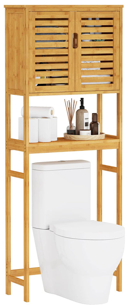 VIAGDO Natural Bamboo Over The Toilet Storage Cabinet with Adjustable Shelves and Doors - WoodArtSupply