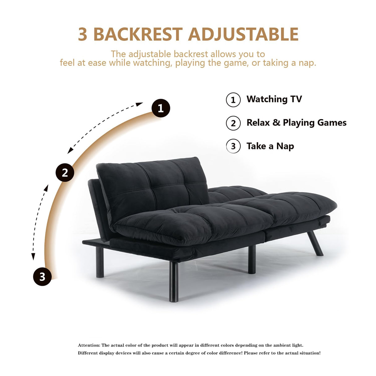 Modern Velvet Convertible Folding Futon Couch Sofa Bed Adjustable Pillow Top Arm Memory Foam Couch Double Loveseat Sofa for Compact Living Space,Dorm,Game Studio,Apartment,Bedroom (Black) Klwenas Maec