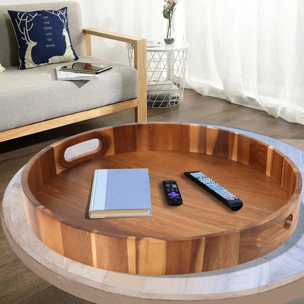 Round Wooden Serving Tray with Handles,20" Large Diameter Wood Serving Trays for Ottoman,Rustic Acacia Wood Circle Tray for Eating, Entertaining,Decorating and Organizing GinSent