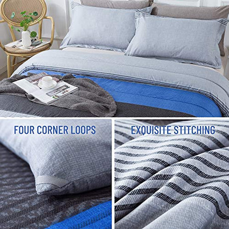 Andency Full Size Blue Comforter Set (79x90 Inch), 3 Pieces Gray and Blue Patchwork Striped Comforter, Soft Microfiber Down Alternative Comforter Bedding Set Bed in a Bag with Corner Loops Andency