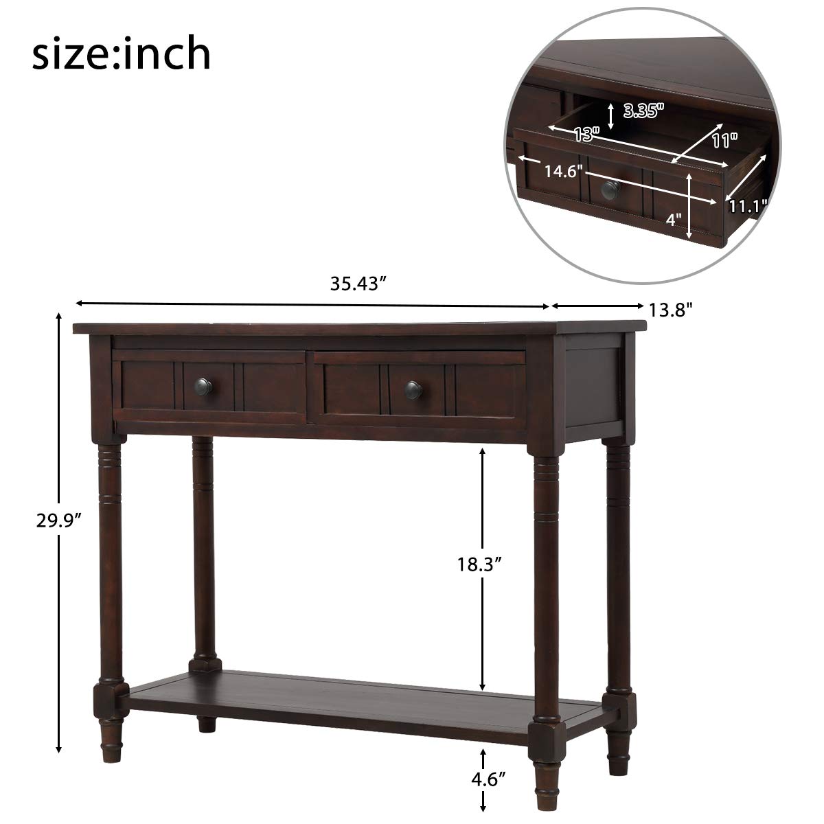 Knocbel 35.5 Inch Antique Entry Console Table with Drawers & Bottom Open Shelf, Solid Wood Sofa Couch Table for Entryway Hallway Living Room (Espresso)