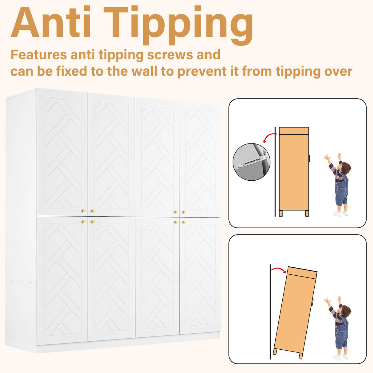 Wakefit Armoire Wardrobe Closet, 4 Doors Wooden Wardrobe Closet Cabinet, 78" Bedroom Armoires with Hanging Rod Shelf, Freestanding Wardrobe Cabinet for Bedroom, Guest Room, White Wakefit