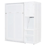 Merax Twin Size Rotating Wall Murphy Beds, Wood Folding Murphy Wall Bed with Bookshelf, Top Cabinet, Extendable Desk & Side Storage, White Merax