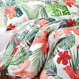 FADFAY Tropical Red Hibiscus Palm Leaves Duvet Cover Set Super Soft Summer Bedding 100% Cotton Soft with Hidden Zipper Closure Queen Size 3-Pieces FADFAY