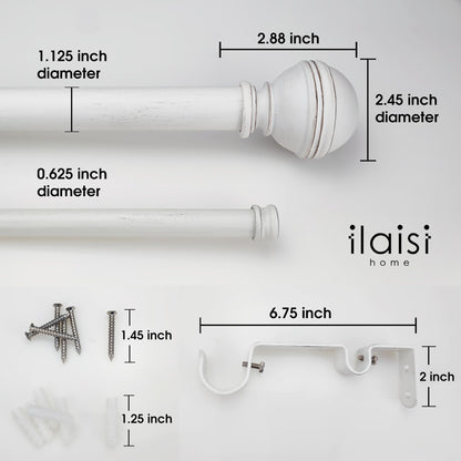 ILAISIHOME 1-1/8 Inch Diameter Farmhouse Style White Curtain Rods with Round Finial, 72-144 inch Telescoping Double Rod for window width 68-140 inch, 1 pack