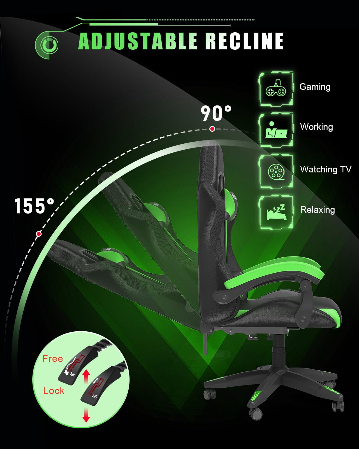 Gaming Chair with RGB LED Lights, Ergonomic Computer Chair for Adults with Headrest and Lumbar Support, Reclining Gamer Chairs with Racing Style, Swivel Seat, Backrest and Adjustable Height, Green